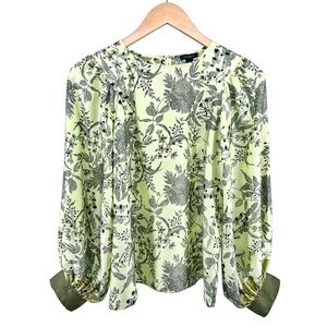 Ann Taylor Floral Toile Silky Blouse Small Light Green Billowy Bishop Sleeves
